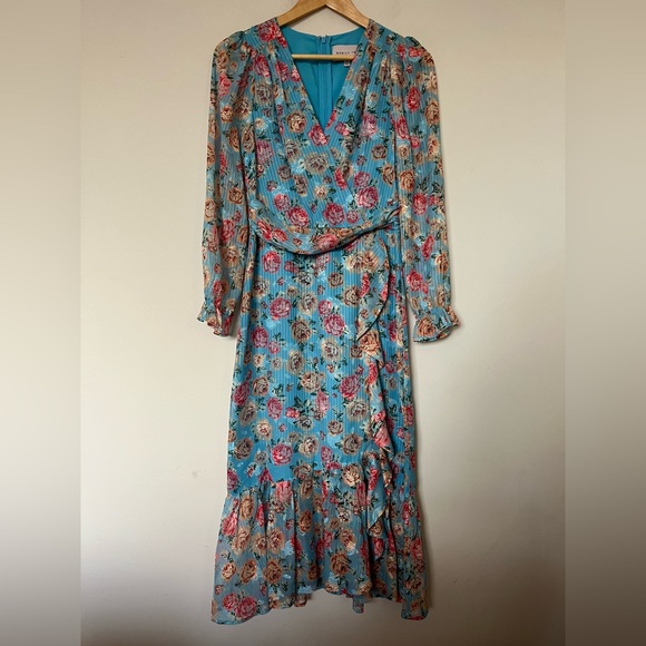 Adelyn Rae Floral Ruffle Wrap Midi Dress Blue – Size Small Feminine Romantic - Picture 2 of 15